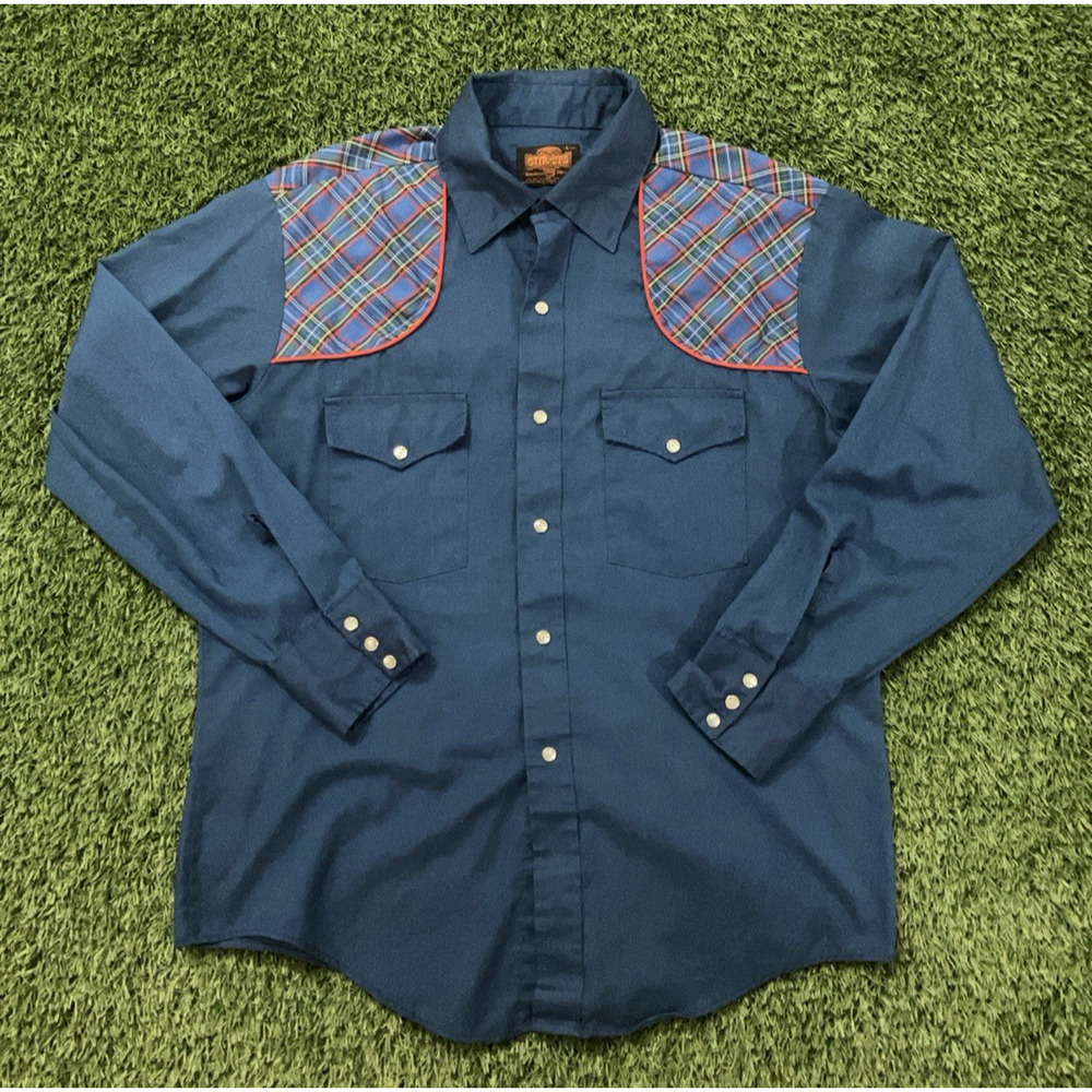 Stir-Ups Western Pearl Snap Vintage Size Large Men's 16.5 Blue/Plaid Long Sleeve